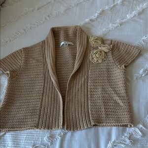 CAbi Tan Short Sleeve Sweater with Floral Accent